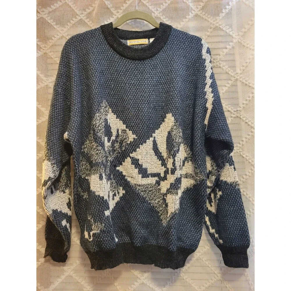 Vintage Mens Sweater Large Geometric Acrylic Cosby Preppy Old Money Aspen Lodge - Picture 1 of 16